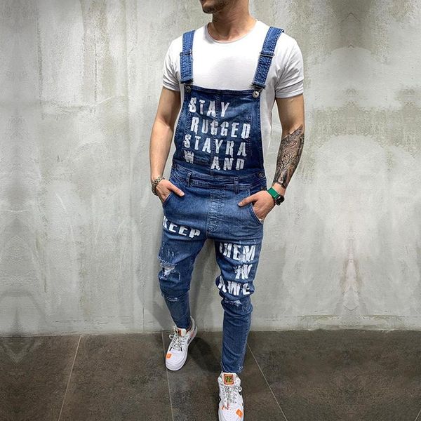 

men pants hip hop fashion men's ripped jeans jumpsuits hi street distressed denim bib overalls for man suspender 2021, Blue