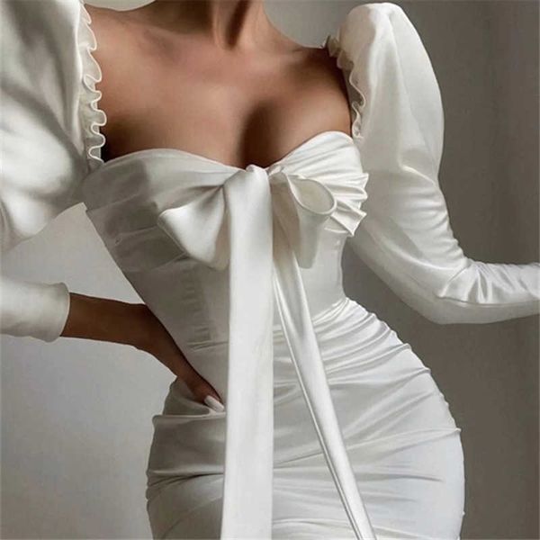 

fabpop spring summer long puff sleeve bow lace up square collar white high waist backless short mini dress women gb327 210709, Black;gray