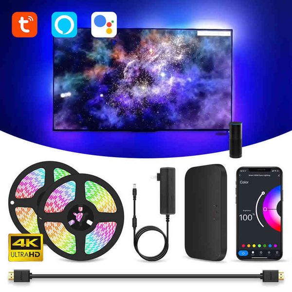 Backlight de TV de TV Ambiente Luzes de tira LED para dispositivos HDMI USB RGB Screen Color Sync LED Kit de luz para Alexa / Google / TVs W220311