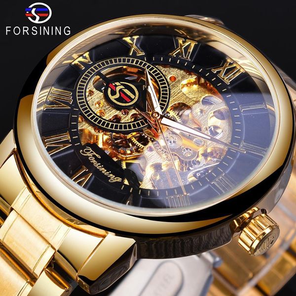 

new forsing watch men's fashion leisure gold steel band hollow manual mechanical, Slivery;brown