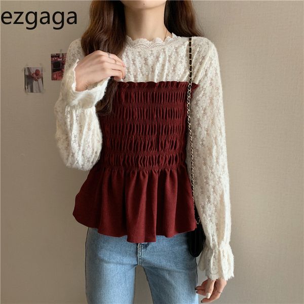 

ezgaga patchwork flower shirt women korean lace hollow out stretch slim long sleeve fashion blouse sweet girl casual blusas 210430, White