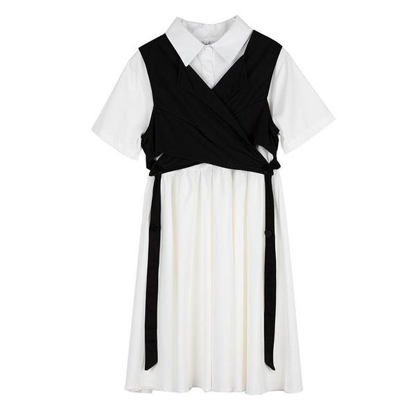 

summer new hepburn style tooling vest white shirt dress two-piece female dress short-sleeved loose student style dress for women, Black;gray