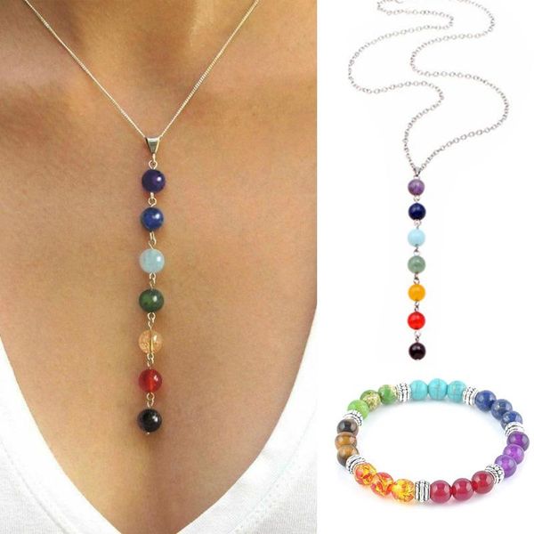 

beaded, strands 7 chakra gem stone beads pendant necklace women yoga healing balancing maxi choker bracelet bijoux femme jewelry set, Black