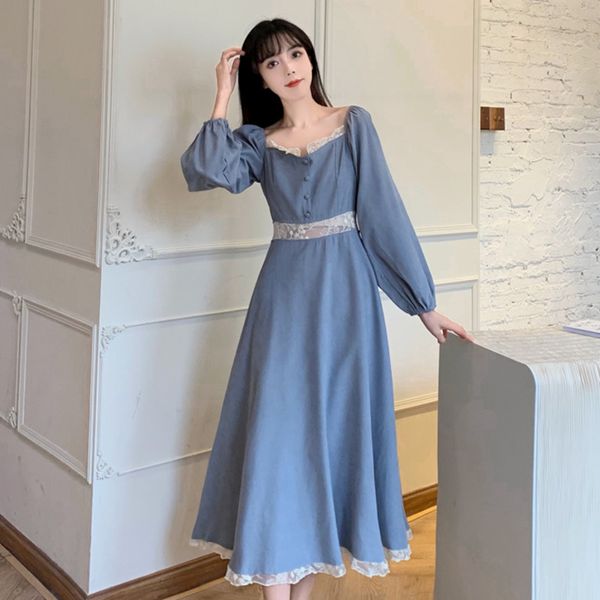

spring female casual square collar single breasted long sleeve patchwork lace plus size blue a-line dress 16w458 210510, Black;gray