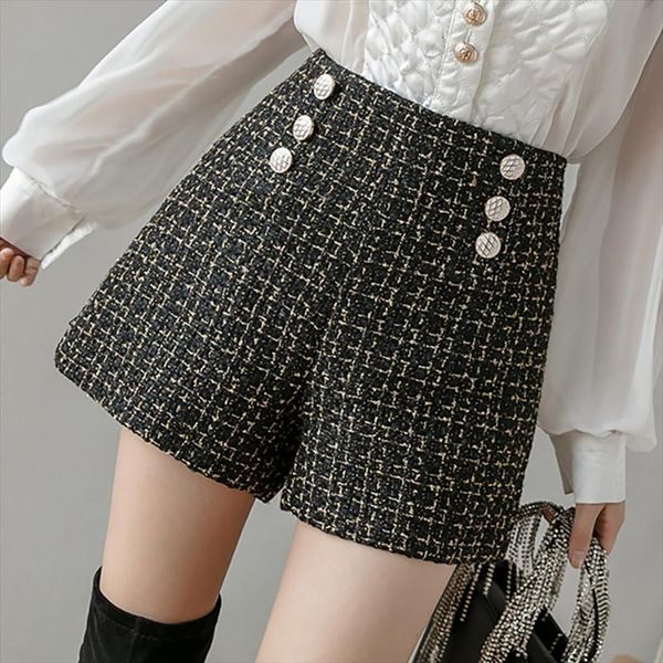 

high waist black winter korean womens short wide leg a line plaid thicken female casual fashion ladies, White;black