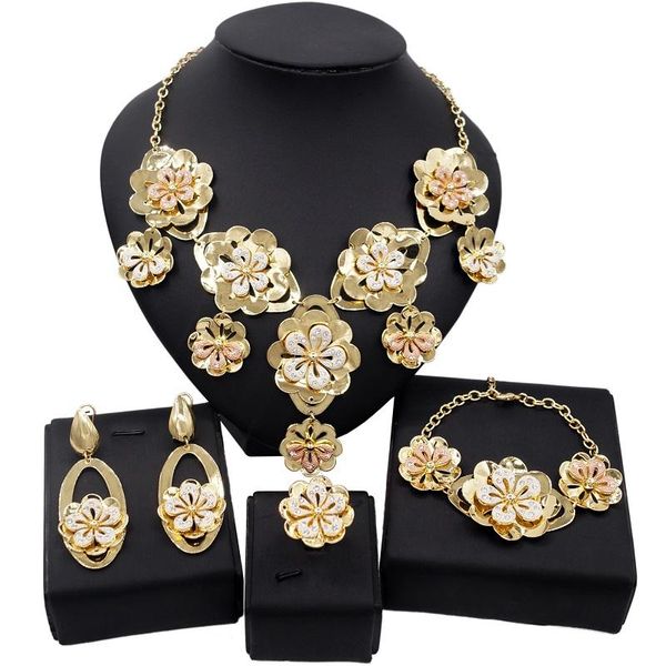 

earrings & necklace yulaili luxury dubai gold jewelry sets bride crystal flowers pendant charm bracelet ring jewelery, Silver