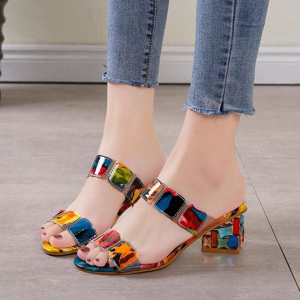 

slippers women summer outdoor ladies fashion colorful square toe 6.5cm heels shoes size 35-39, Black