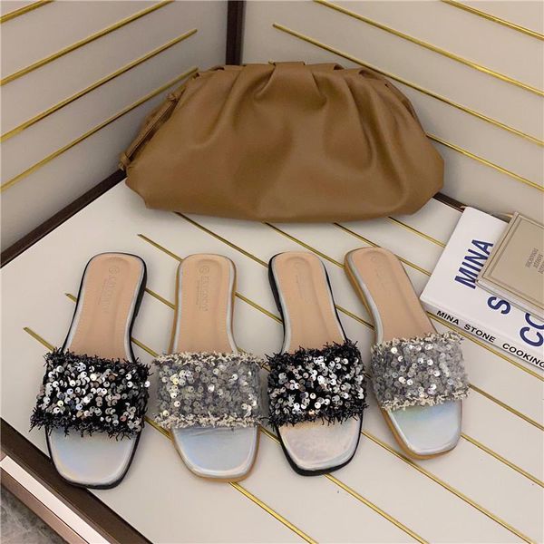 

on a wedge female shoes slippers flat luxury slides platform rubber flip flops 2021 designer hawaiian fabric fashion pu bling, Black