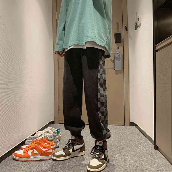 

men's jeans hip hop cargo pocket black/blue color plaid fashion casual pants loose male streetwear biker denim trousers upsy