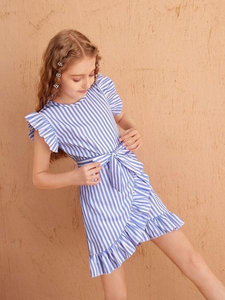 

girls stripe wrap ruffle hem belted dress she, Red;yellow