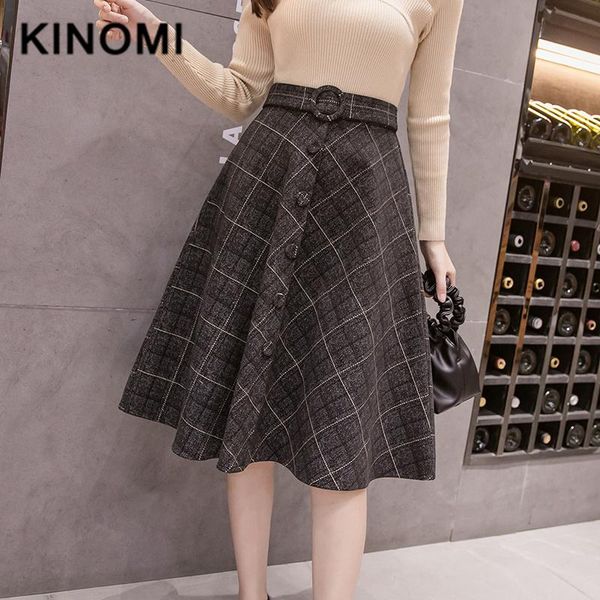 

skirts kinomi autumn winter vintage women sashes woolen plaid midi ball gown high waist knee-length a-line saia female, Black