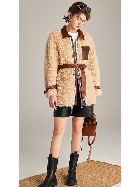 

women's fur & faux lamb natural 2021 genuine leather winter zipper thick warm wide-waisted jackets for women, Black