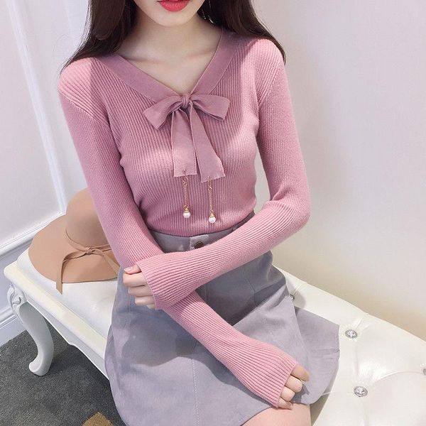 

women's sweaters women 2021 autumn winter sweater high elastic solid v-neck fashion female slim bottoming knitted pullover jumpers l595, White;black
