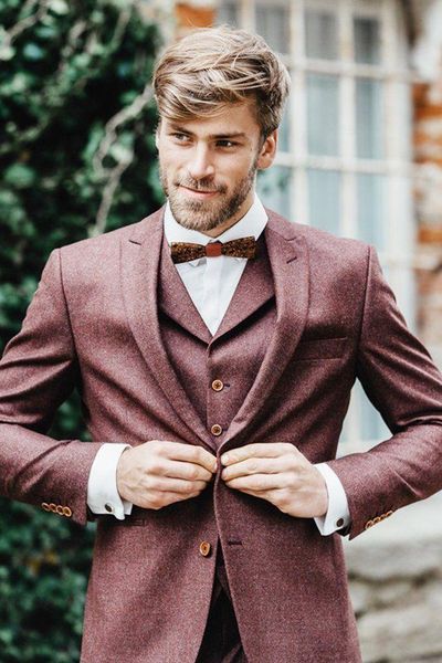 

men's suits & blazers (jacket+pants+vest) autumn men suit wedding burgundy tweed 3 piece slim fit tuxudos clothing formal evening party, White;black