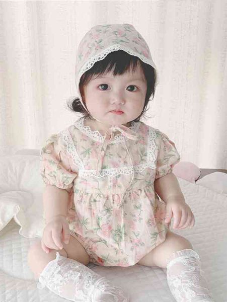 

baby allover floral print contrast lace detail bodysuit with hat she, Blue