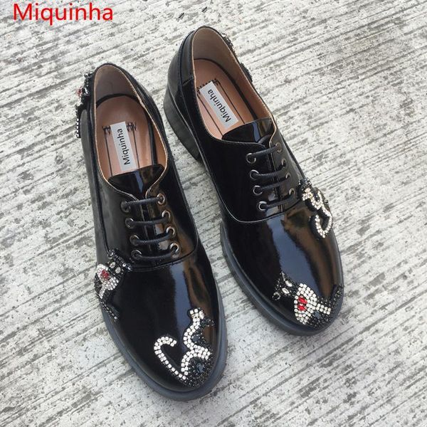 

dress shoes black patent leather round toe lace up women cat animal crystal embellished girl casual med heel sweet style
