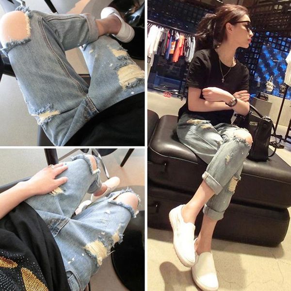 

women's jeans 2021 autumn korean version hole breaking nine point tide loose student pants versatile streetwear, Blue