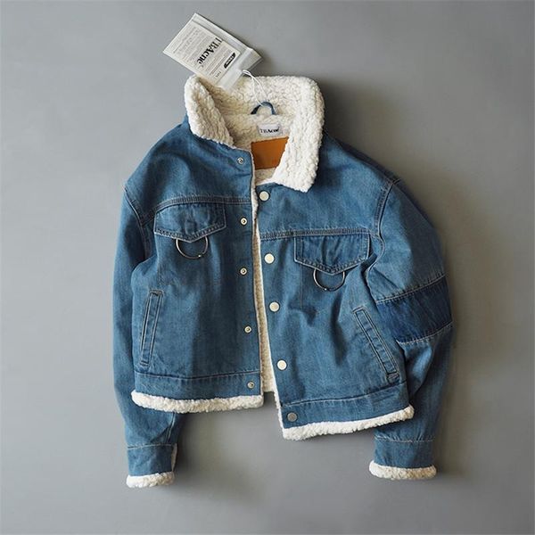 

women's jackets women lapel denim jacket autumn winter warm thick lambs wool coat female casual loose fleece jean coats outerwear, Black;brown