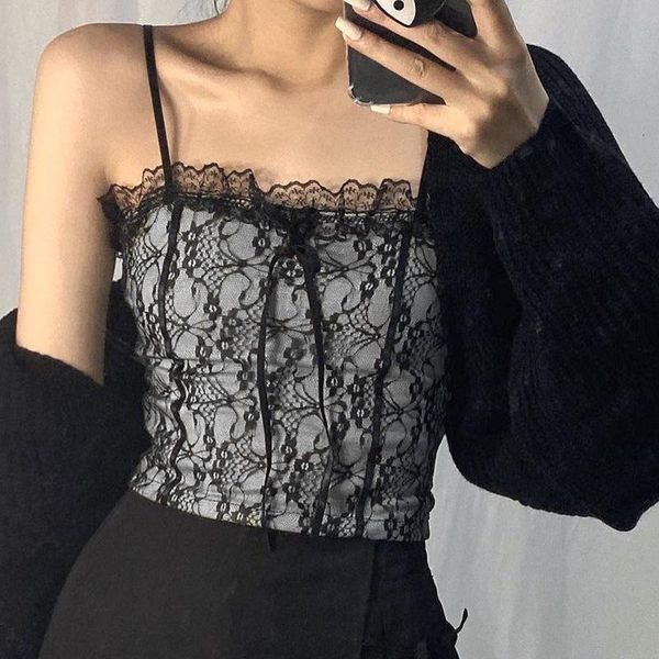

black lace patchwork spaghetti strap e-girl slim fit crop camis backless y2k fashion women summer clothing women's tanks &, White