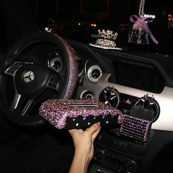 

interior decorations noble purple diamond car accessories for women crystal pendant ornaments leather steering wheel covers tissue box