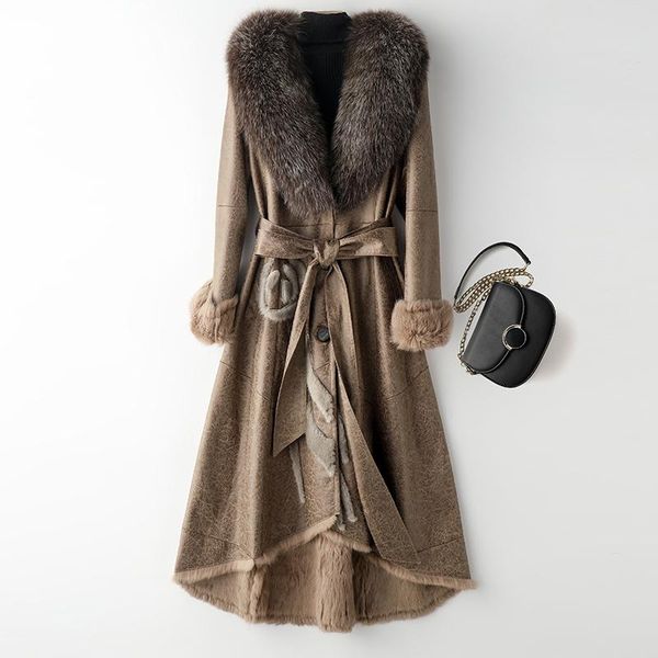 

women's fur & faux real natural rabbitskin coat with big collar and mink x-long women coat2021 winter fashion outwear, Black