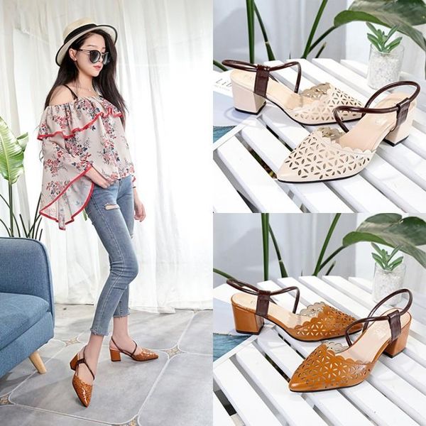 

sandals spring and summer pointy thick heel medium high baotou for women, Black