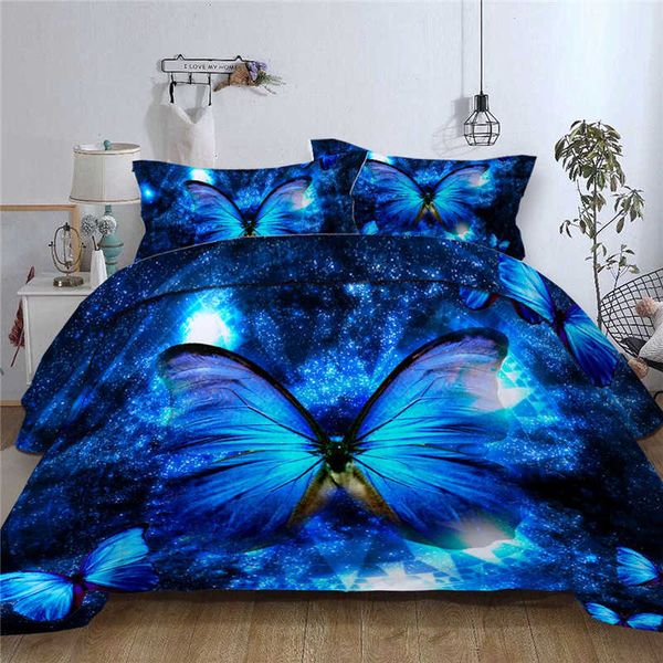 3D impresso capa de edredão conjunto azul borboleta animais rainha king size cama roupa completa Única dupla ding 210615