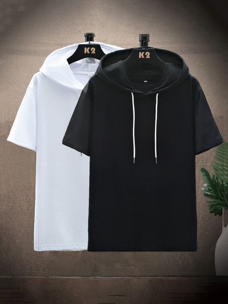

men 2pcs drawstring hooded tee o4rt#, White;black