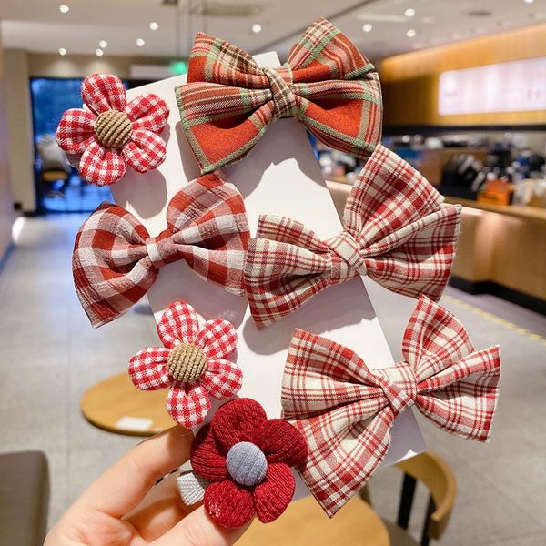 

6/7/8 pcs/set girls bowknot small colorful flower cartoon chiffon cloth hairpin children sweet hair clip barrettes headdress accessories, Slivery;white