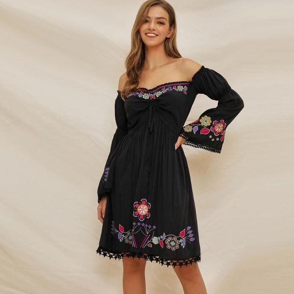 

casual dresses kiyumi dress women cotton summer boho long sleeve floral embroidered off shoulder 2021 tassel autumn black short, Black;gray