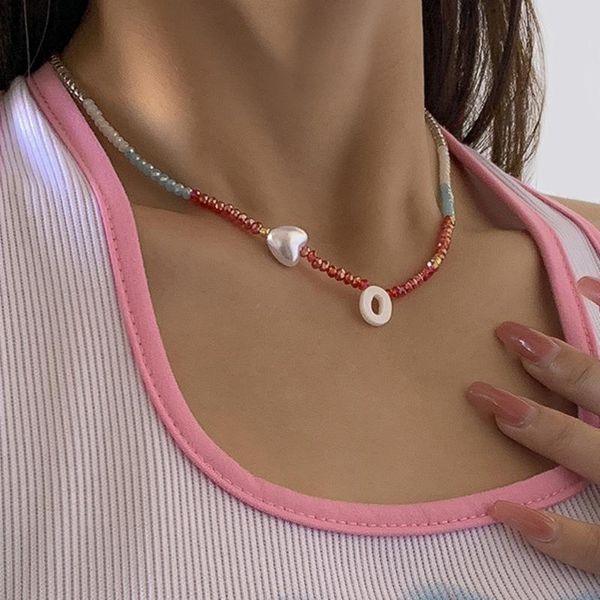 

pendant necklaces ins pastoral small fresh handmade beaded crystal necklace shell letter pearl clavicle item jewelry, Silver