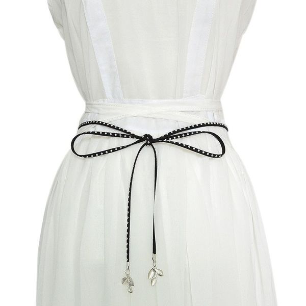 

women thin belt sweet girls dress waist chain leaf pendant decoration rope for lady waistband leather knotted correas belts, Black;brown