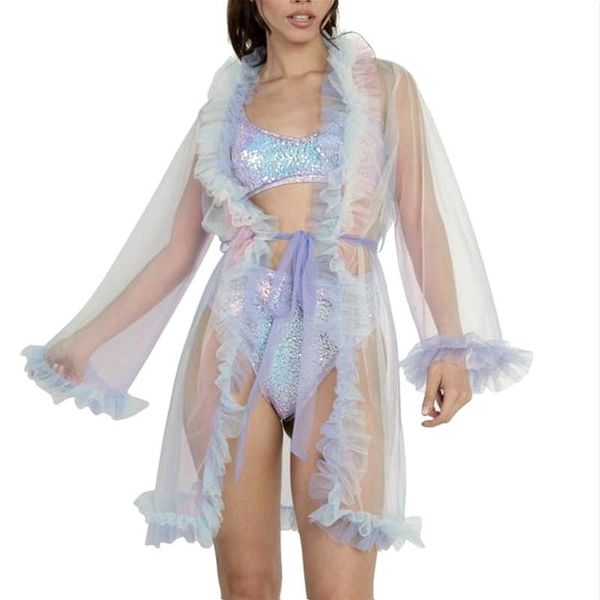 

women ruffles see through swimwear bikini cover ups mesh sheer flare sleeve beach dress nightgowns sleepwear women's, White;black