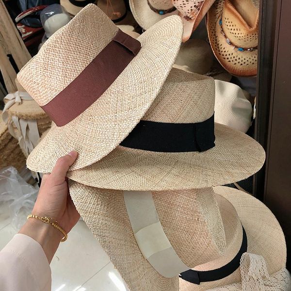 

202105-taiy124 handmade madagascar natural treasure grass circle the fedora cap men women leisure hat wide brim hats, Blue;gray