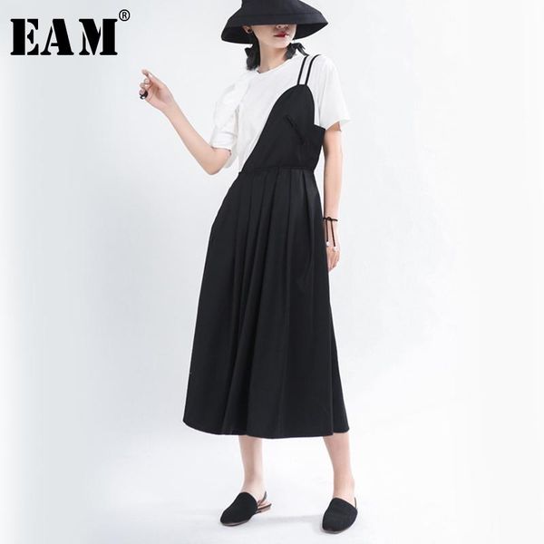 

[eam] women black pleated splt joint spaghetti strap dress sleeveless loose fit fashion tide spring summer 2021 1t974 casual dresses, Black;gray