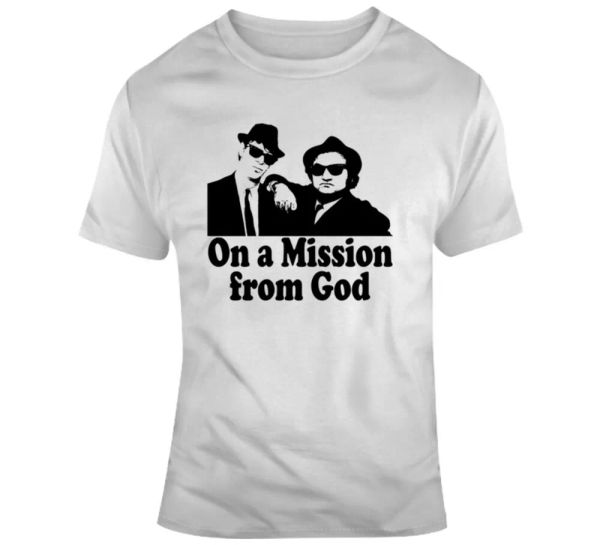 

the blues brothers funny movie mission from god parody fan t shirt, White;black