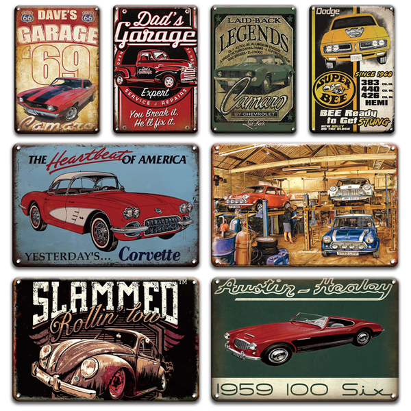 

rod car metal wall art tin sign vintage garage home decor retro pin up old school car poster man cave wall haning plaques