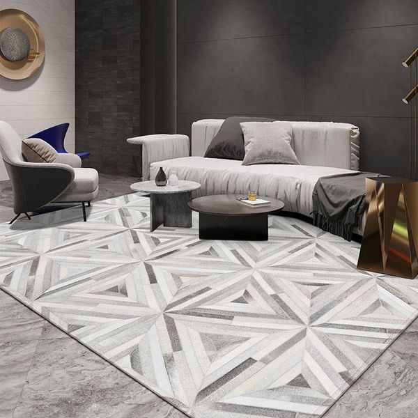 

carpets nordic geometry handmade cowhide carpet grey patchwork real cow skin rug sitting room tea table mat bedroom