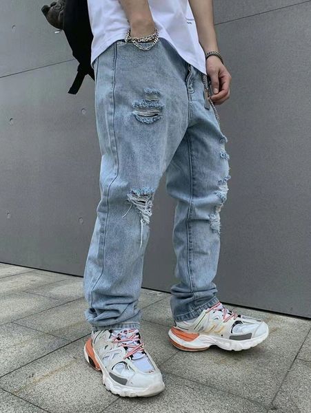 

men ripped frayed jeans without chain q08e#, Blue