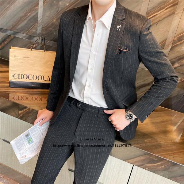 

men's suits & blazers classic stripe slim fit mens wedding groom tuxedo 2 piece jacket pants set male party formal business blazer cost, White;black