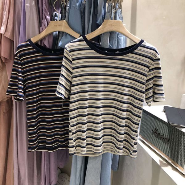 

women's t-shirt pure cotton stripe short sleeve for women in summer prj2, White