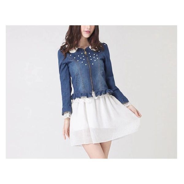 

women's jackets coat denim patchwork lace pearl zipper porket highstreet fasion spring autumn puss sleeve pure color cottom sweet, Black;brown