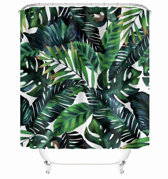 

fabric shower curtain curtains with hooks stripes green leaves palm exotic plant tropical plants decor creative home