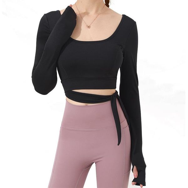 

yoga outfit shirts with chest pad female workout u-neck running sports t-shirt style various ways to wear bandage tight long-sleeve