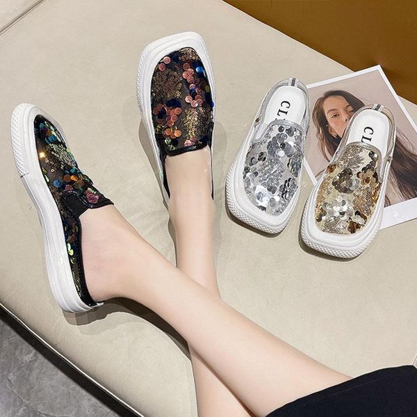 

slippers shoes ladies' slipers women low cover toe 2021 summer flat rubber square cotton fabric bling slides pu basic w, Black