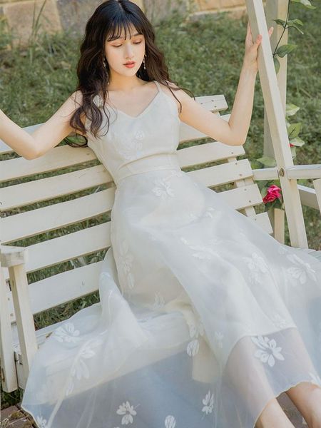 

white fairy spaghetti strap dress 2021 summer women's v-neck high waist halter bow party long dresses lady casual, Black;gray