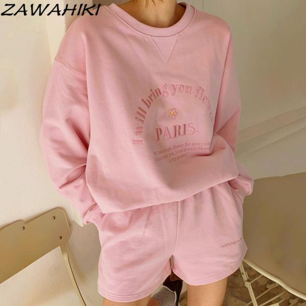 

women's tracksuits zawahiki autumn wild round neck letter embroidered long sleeve sweatshirt high waist loose casual short pant sweet s, Gray