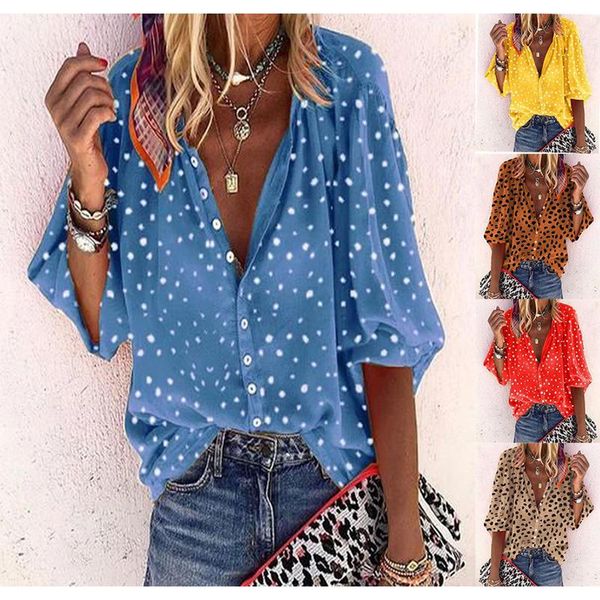 

women's blouses & shirts women female ladies casual holiday vacation leisure fifth sleeve printing blouse single-breasted turn-down nec, White