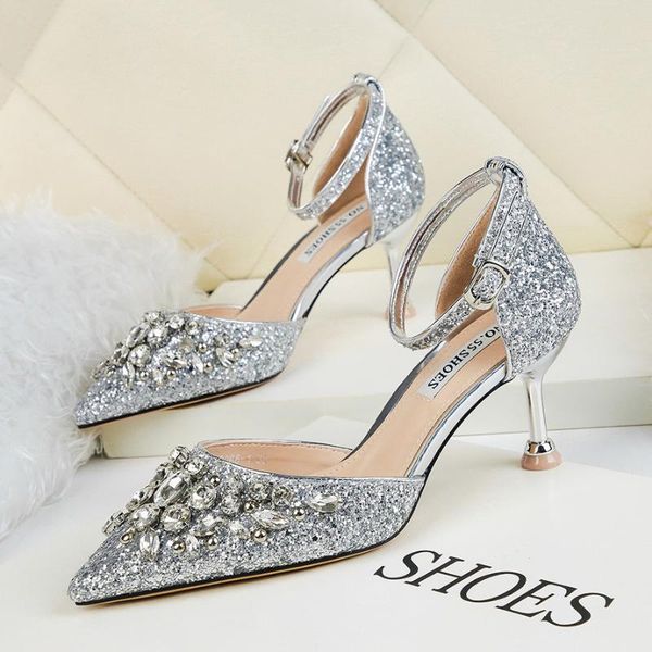 

dress shoes pointed shallow mouth rhinestone high heels sequins show thin one-sided sandals heel banquet, Black