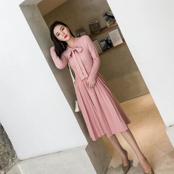 

casual dresses autumn winter crochet sweater dress sash bows long sleeve pink pleated knitted elegant women mid-calf p-184, Black;gray